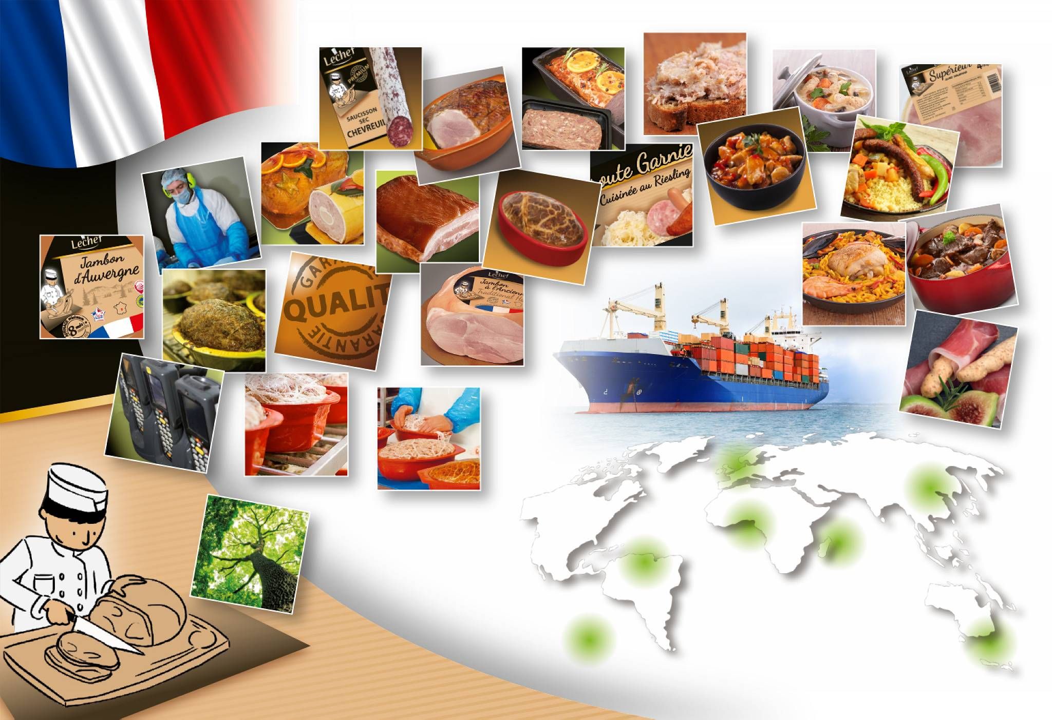 Carte du monde, produits LBI, bateau, drapeau français, charcutier dessiné